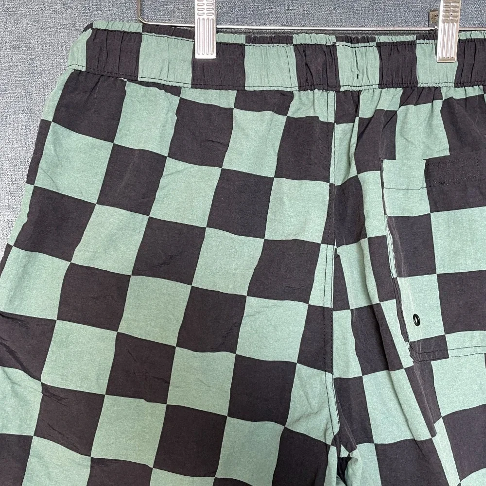Forever 21 Board Shorts Mens Large Green Black Check Pockets Drawstring Waist